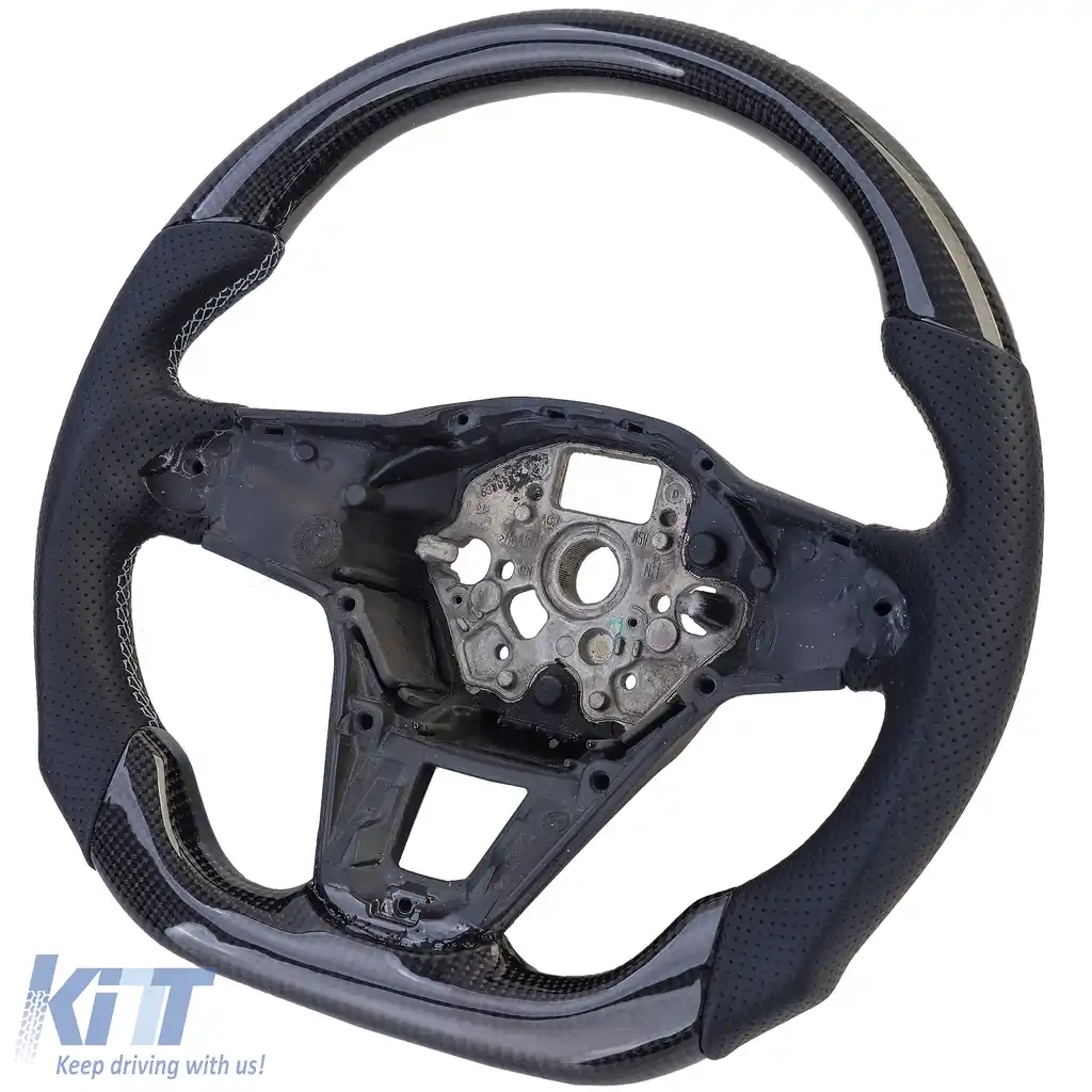 Volan sport cu fibră de carbon reală și piele perforată, potrivit pentru VW Golf 8, fără padele de schimbare.