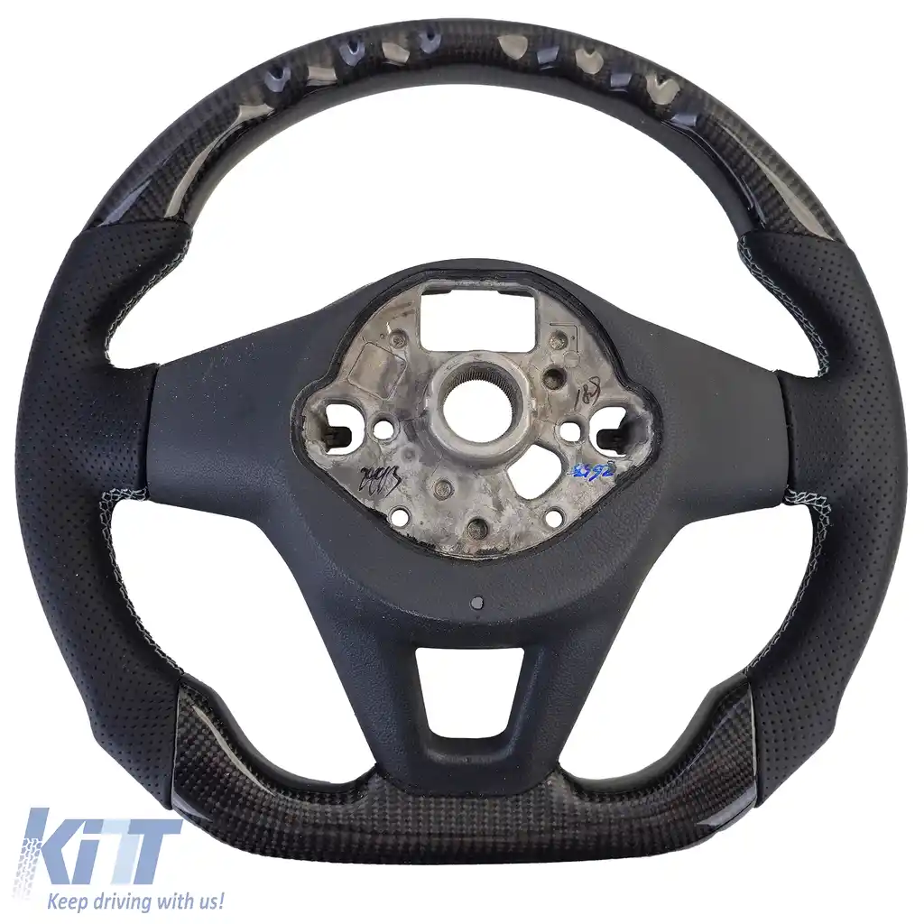 Volan sport cu fibră de carbon reală și piele perforată, potrivit pentru VW Golf 8, fără padele de schimbare.-image-6202599