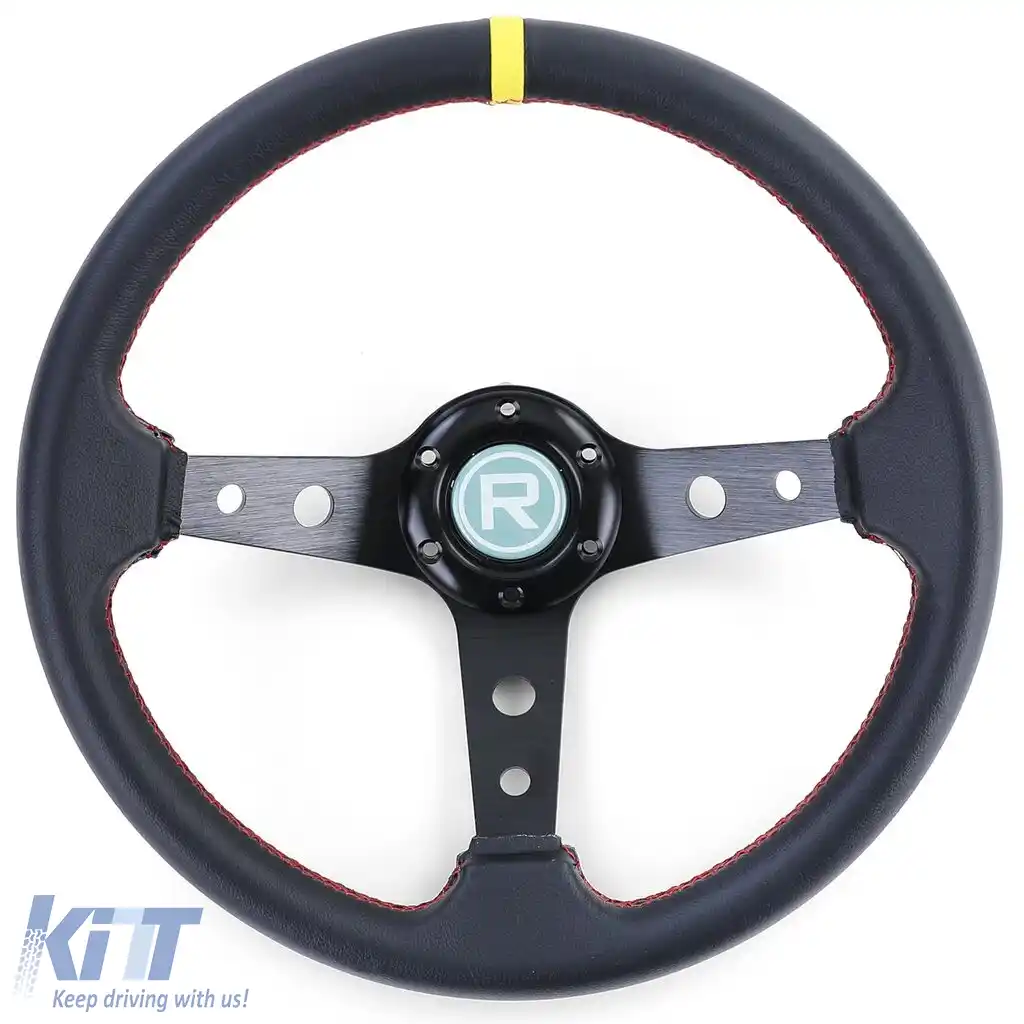 Volan sport cu forma de farfurie, din piele neagră, cu marcaj galben la 12 ore, Ø 350 mm