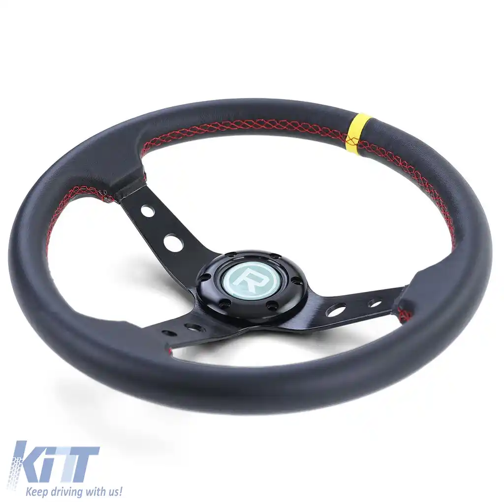 Volan sport cu forma de farfurie, din piele neagră, cu marcaj galben la 12 ore, Ø 350 mm-image-6192200