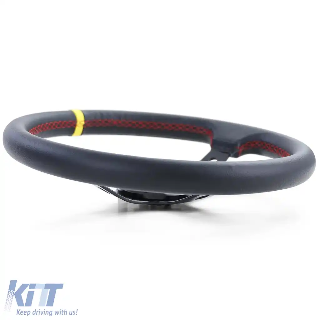 Volan sport cu forma de farfurie, din piele neagră, cu marcaj galben la 12 ore, Ø 350 mm-image-6192201