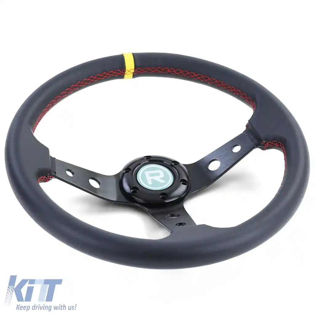 Volan sport cu forma de farfurie, din piele neagră, cu marcaj galben la 12 ore, Ø 350 mm-image-6192202