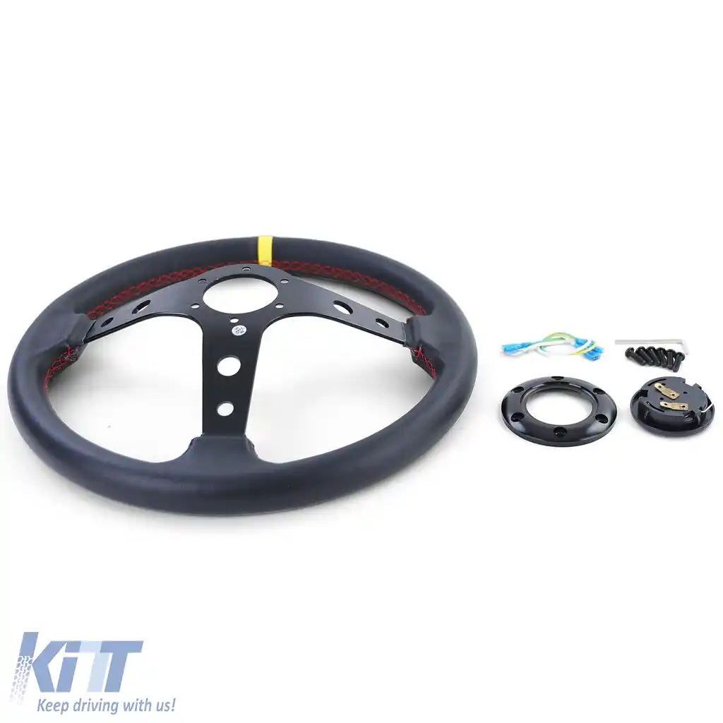 Volan sport cu forma de farfurie, din piele neagră, cu marcaj galben la 12 ore, Ø 350 mm-image-6192203