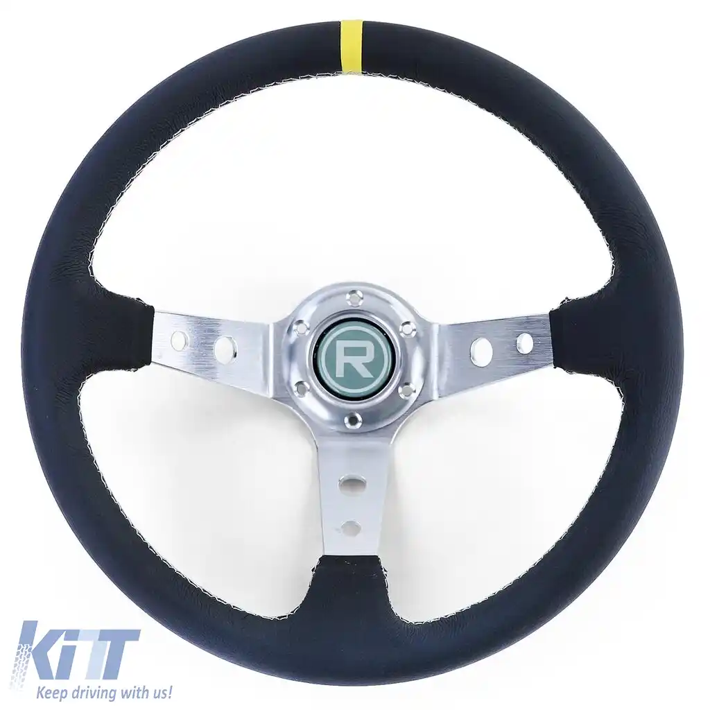 Volan sport dished TIP 2 din piele autentică alu negru 350mm potrivit pentru Momo Sparco