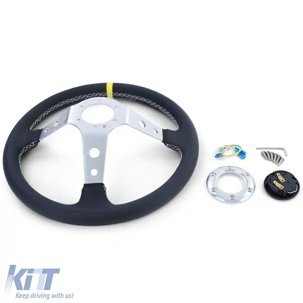 Volan sport dished TIP 2 din piele autentică alu negru 350mm potrivit pentru Momo Sparco-image-6196089