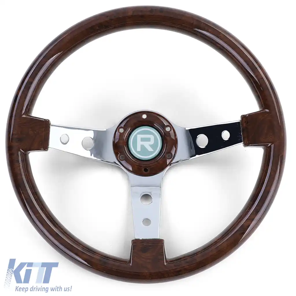 Volan sport exclusiv cu aspect de lemn și spițe cromate, 350mm, potrivit pentru Momo Sparco