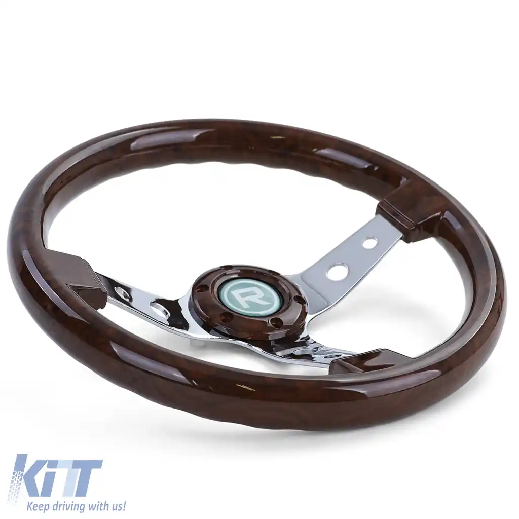 Volan sport exclusiv cu aspect de lemn și spițe cromate, 350mm, potrivit pentru Momo Sparco-image-6195013