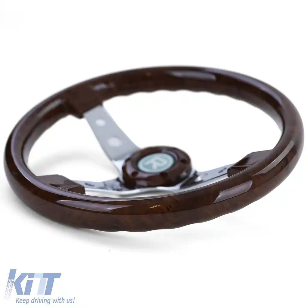 Volan sport exclusiv cu aspect de lemn și spițe cromate, 350mm, potrivit pentru Momo Sparco-image-6195014