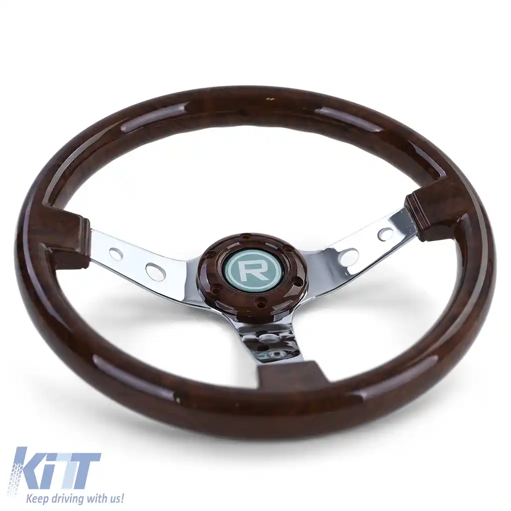 Volan sport exclusiv cu aspect de lemn și spițe cromate, 350mm, potrivit pentru Momo Sparco-image-6195015