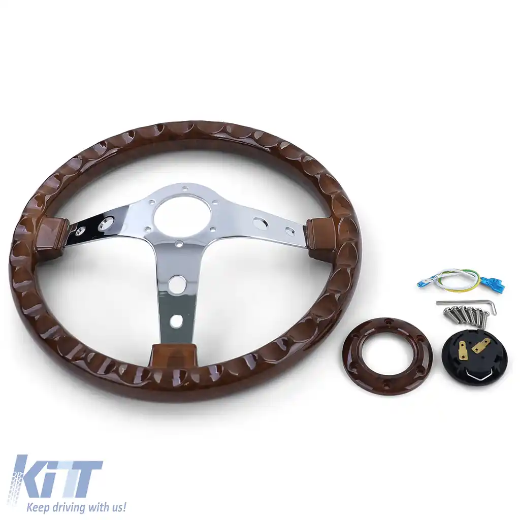 Volan sport exclusiv cu aspect de lemn și spițe cromate, 350mm, potrivit pentru Momo Sparco-image-6195016