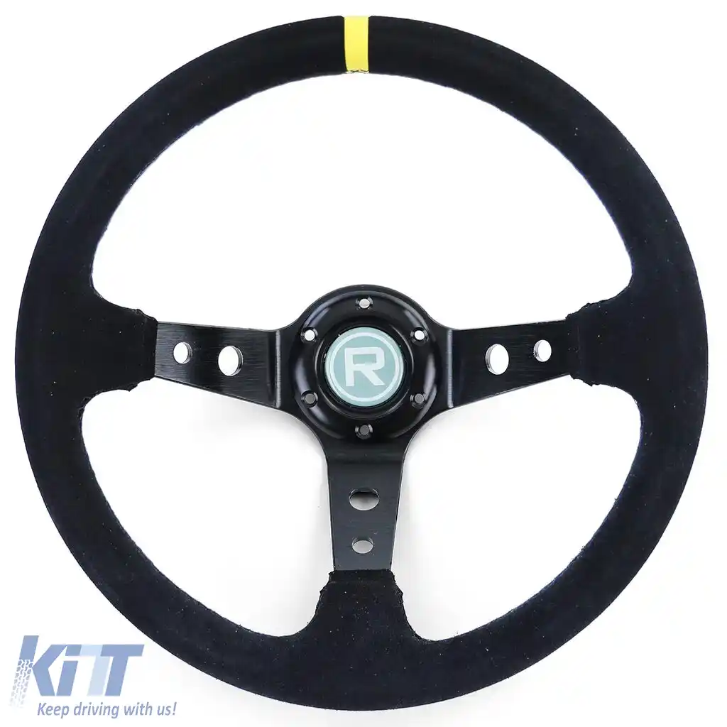 Volan sport tip 3, de forma disc, din suede autentic negru, 350mm, potrivit pentru Momo Sparco