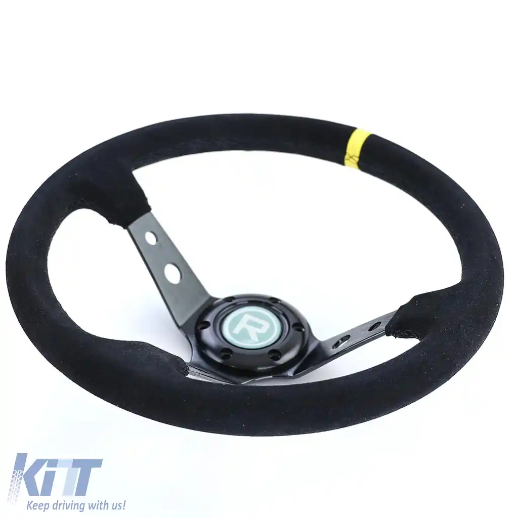 Volan sport tip 3, de forma disc, din suede autentic negru, 350mm, potrivit pentru Momo Sparco-image-6195685