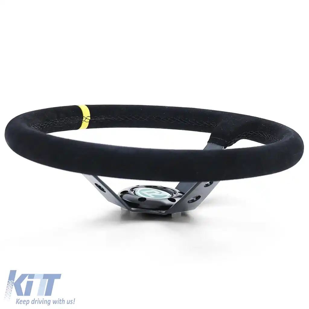 Volan sport tip 3, de forma disc, din suede autentic negru, 350mm, potrivit pentru Momo Sparco-image-6195686