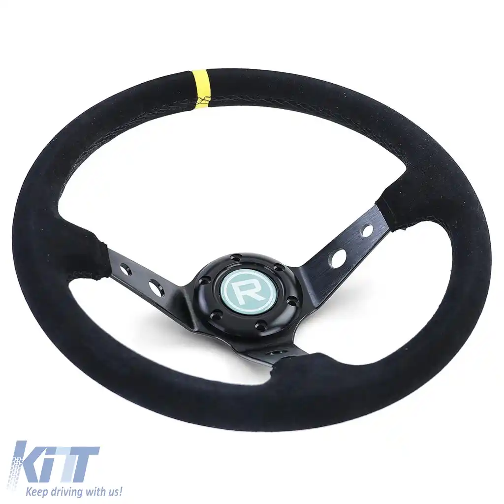 Volan sport tip 3, de forma disc, din suede autentic negru, 350mm, potrivit pentru Momo Sparco-image-6195687