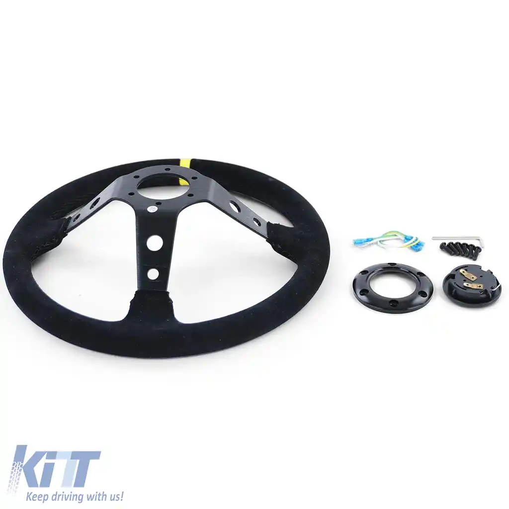 Volan sport tip 3, de forma disc, din suede autentic negru, 350mm, potrivit pentru Momo Sparco-image-6195688