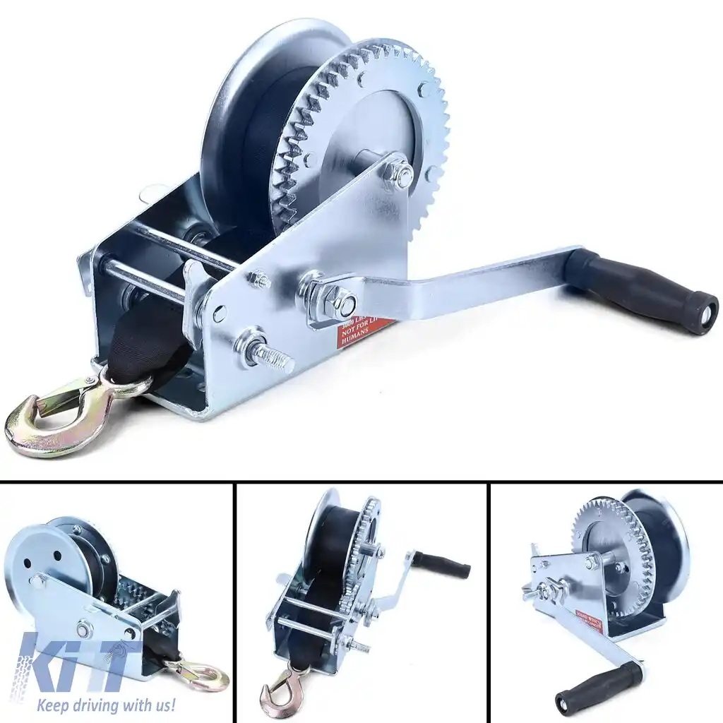 Winch manual pentru remorcă, cablu argintiu cu curea de 8 metri, 1360 kg