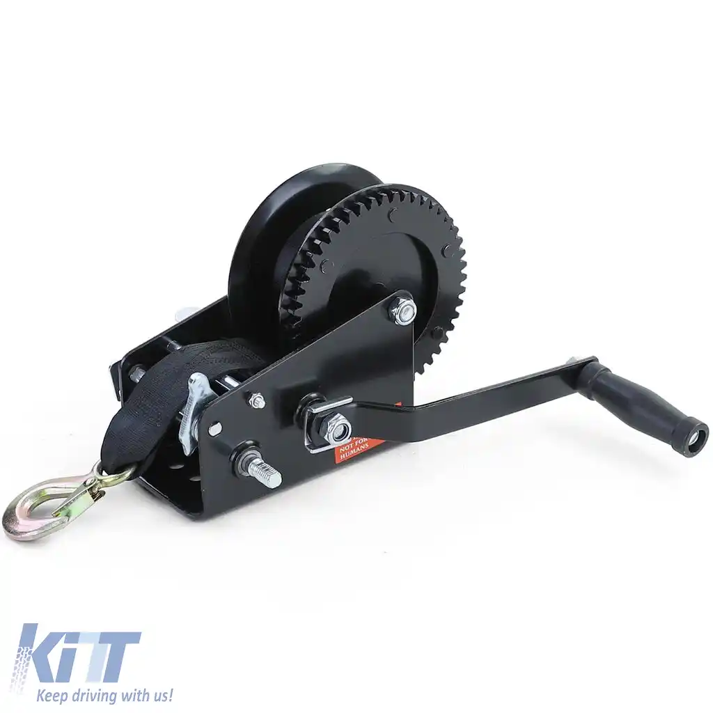 Winch manual premium cu curea 1500kg 8 metri negru, potrivit pentru remorcă auto
