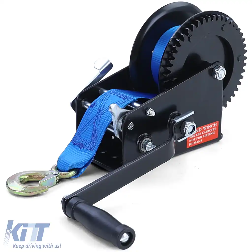 Winch premium de 1500 kg cu manivela, cu curea de 8 metri, albastră, potrivită pentru remorci auto