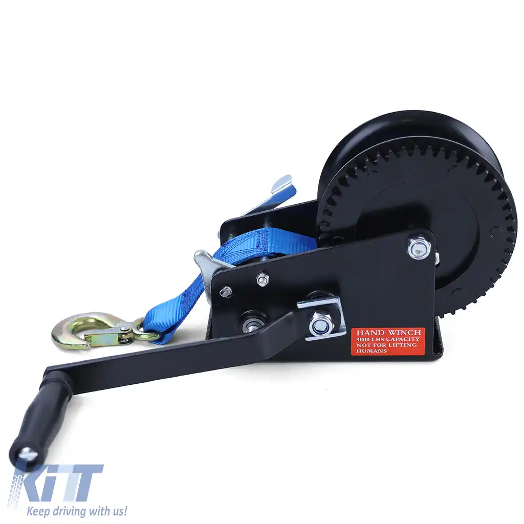 Winch premium de 1500 kg cu manivela, cu curea de 8 metri, albastră, potrivită pentru remorci auto-image-6201972