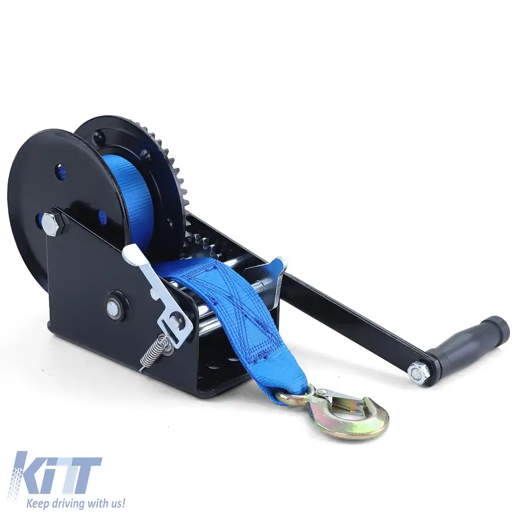 Winch premium de 1500 kg cu manivela, cu curea de 8 metri, albastră, potrivită pentru remorci auto-image-6201973
