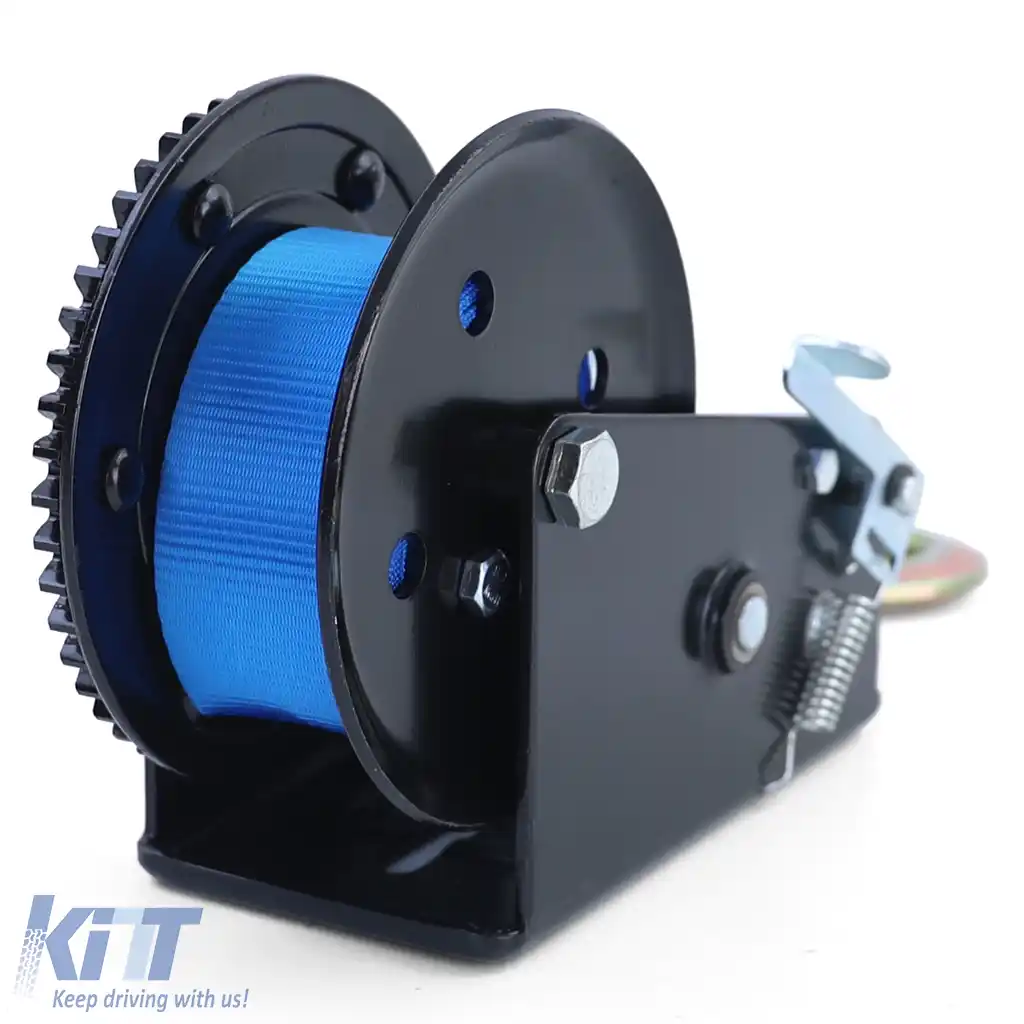 Winch premium de 1500 kg cu manivela, cu curea de 8 metri, albastră, potrivită pentru remorci auto-image-6201974