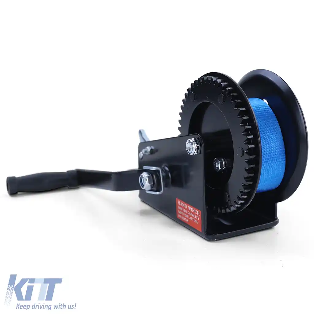 Winch premium de 1500 kg cu manivela, cu curea de 8 metri, albastră, potrivită pentru remorci auto-image-6201975