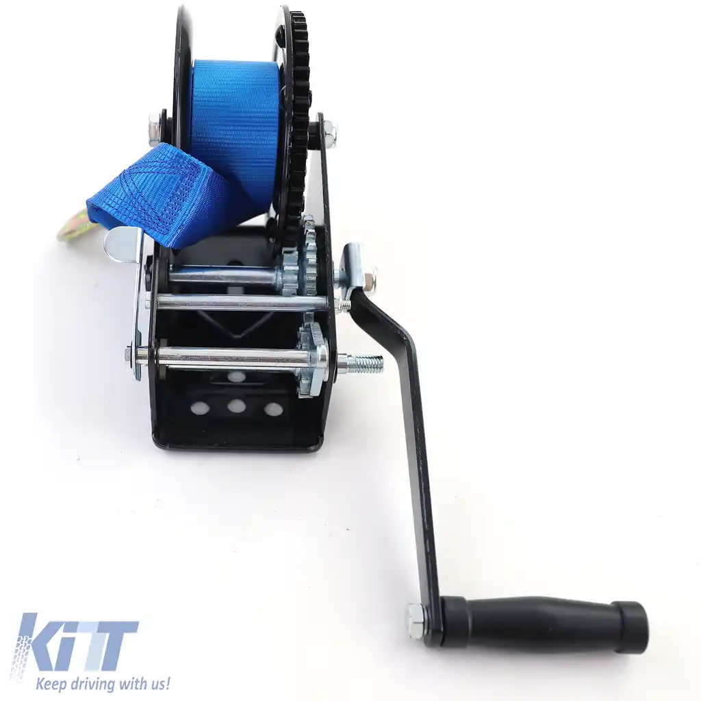 Winch premium de 1500 kg cu manivela, cu curea de 8 metri, albastră, potrivită pentru remorci auto-image-6201976