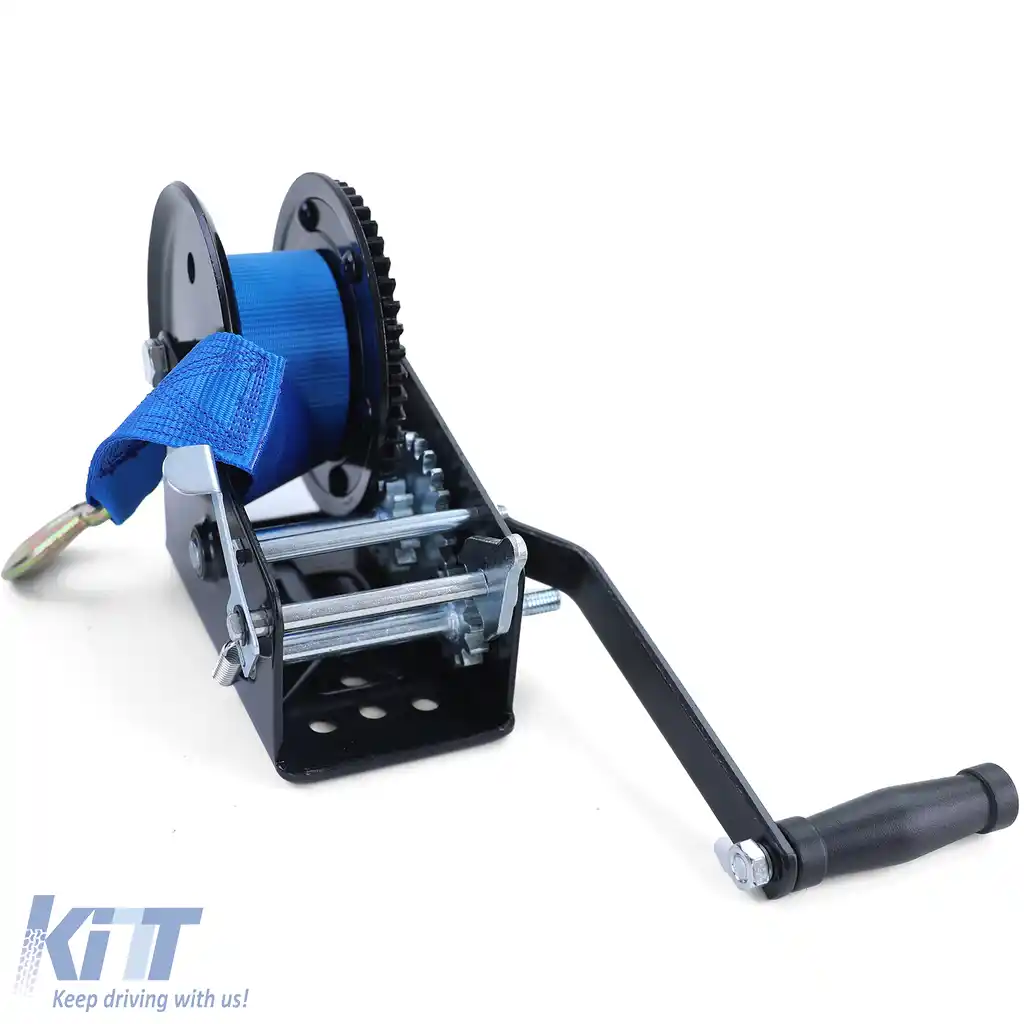 Winch premium de 1500 kg cu manivela, cu curea de 8 metri, albastră, potrivită pentru remorci auto-image-6201977