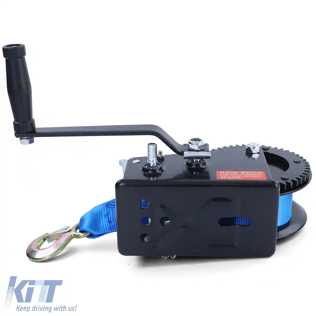 Winch premium de 1500 kg cu manivela, cu curea de 8 metri, albastră, potrivită pentru remorci auto-image-6201978